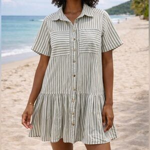 Cotton On Green and White Striped Button-Front Casual Dress